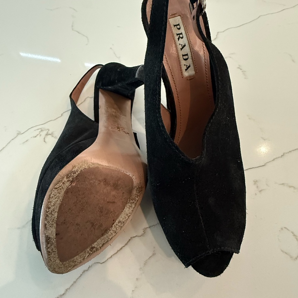 Prada Black Suede Peep Toe Platform Slingback Pump - size 38 - Picture 4 of 4